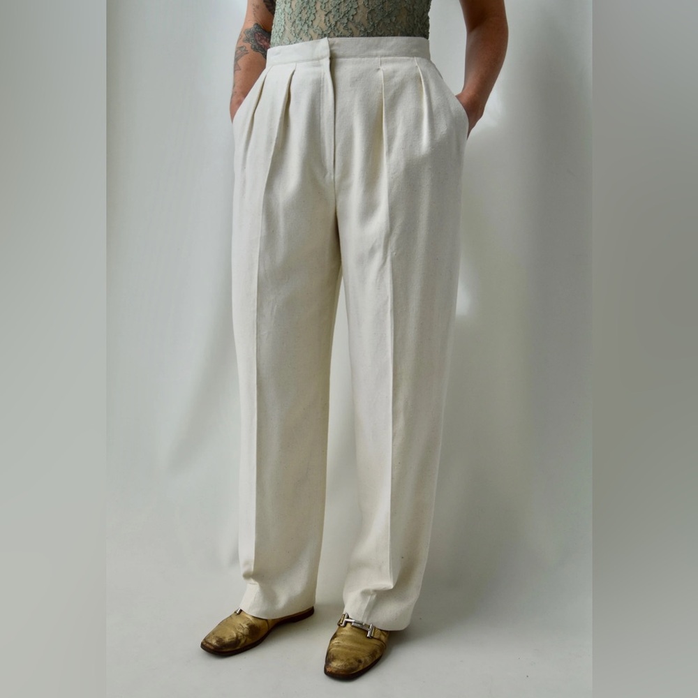 Christian Dior Silk Linen Blend Pleated Vintage Trousers in Bone sz: 10